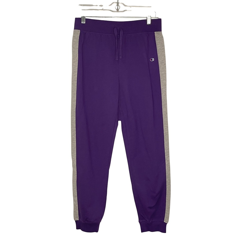 Champion Youth XL Purple Joggers Grey Side Stripe Sweatpants Tapered C Logo